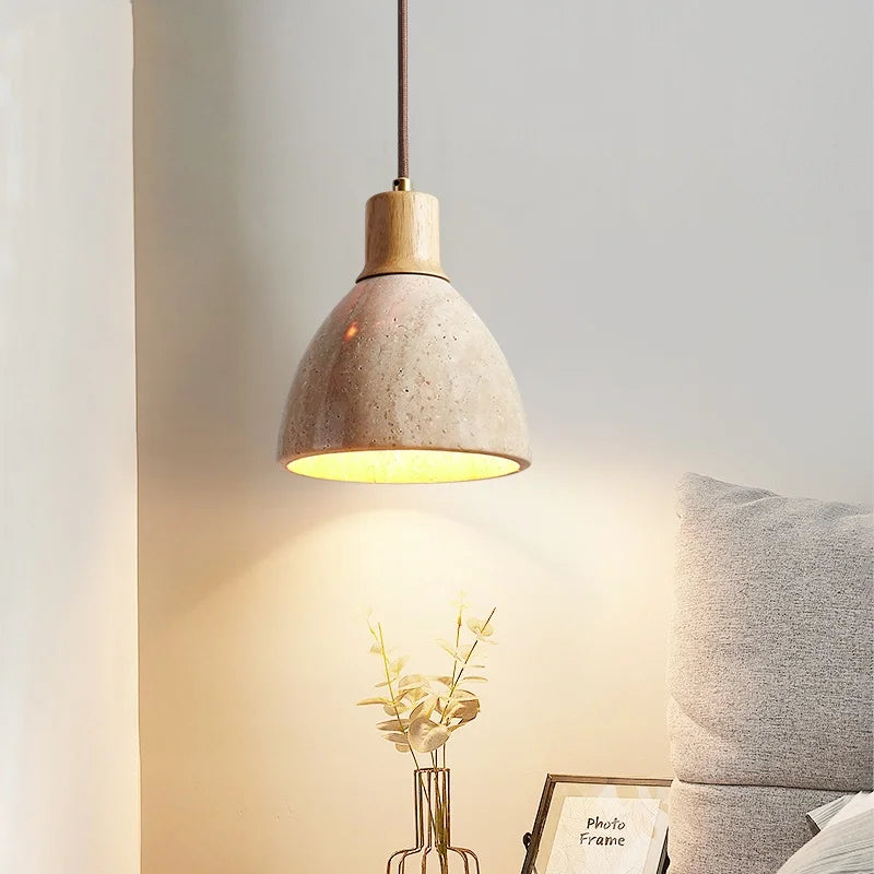 Stone Wood LED Pendant Lamp Corridor Living Room Bedroom Natural Travertine Hanging Light Fixtures Home Decor Chandelier