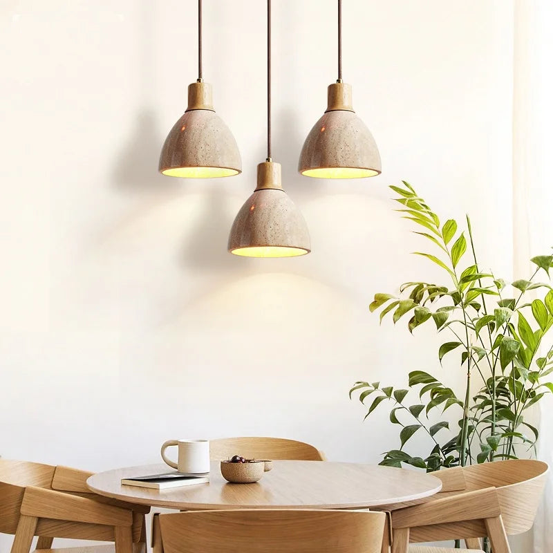 Stone Wood LED Pendant Lamp Corridor Living Room Bedroom Natural Travertine Hanging Light Fixtures Home Decor Chandelier