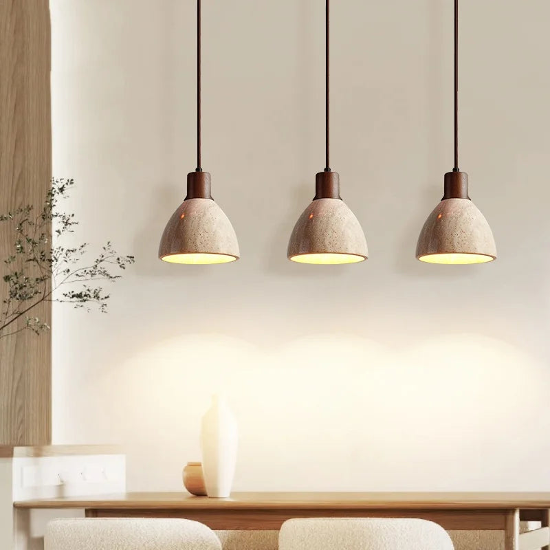 Stone Wood LED Pendant Lamp Corridor Living Room Bedroom Natural Travertine Hanging Light Fixtures Home Decor Chandelier
