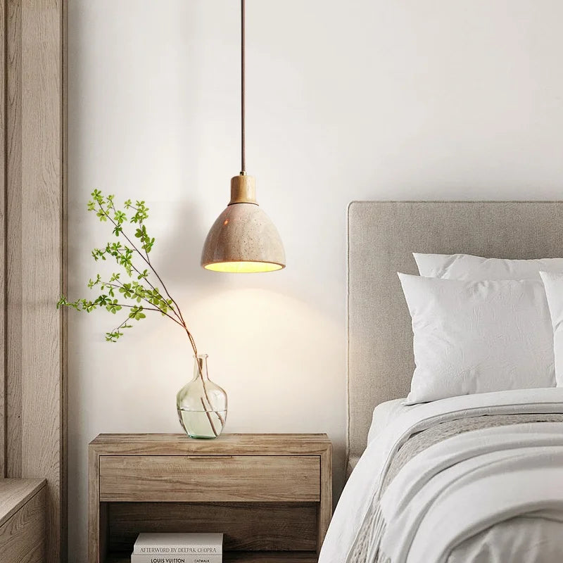 Stone Wood LED Pendant Lamp Corridor Living Room Bedroom Natural Travertine Hanging Light Fixtures Home Decor Chandelier