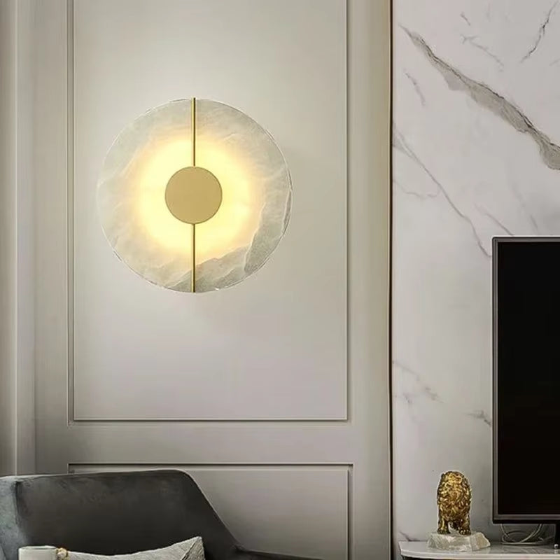 Modern Creative Marble Wall Lamp Alabaster Moon Living Room Gold Copper Home Indoor Decoration LED Sconce Bedroom Bedside Round